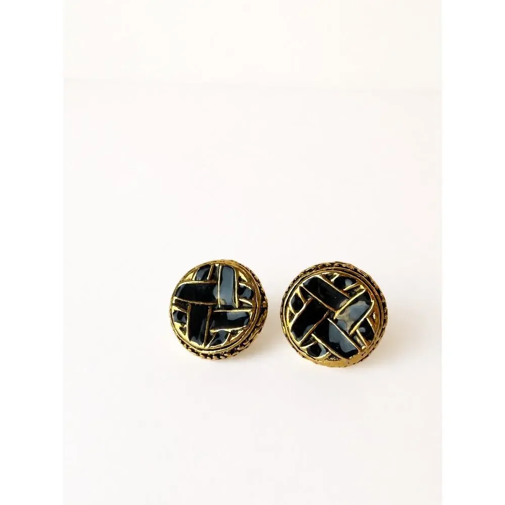 Gold Tone Black Enamel Basketweave Round Stud Earrings Vintage